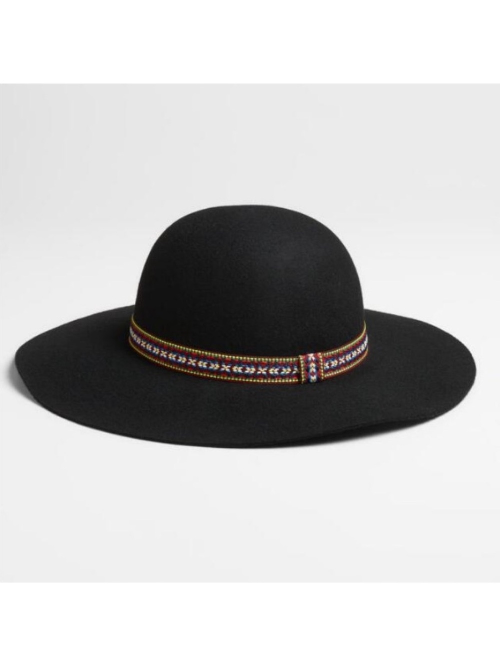 World Market // Wide Brim Black Wool Felt Boho Hat with Embroidered Band - Picture 1 of 5